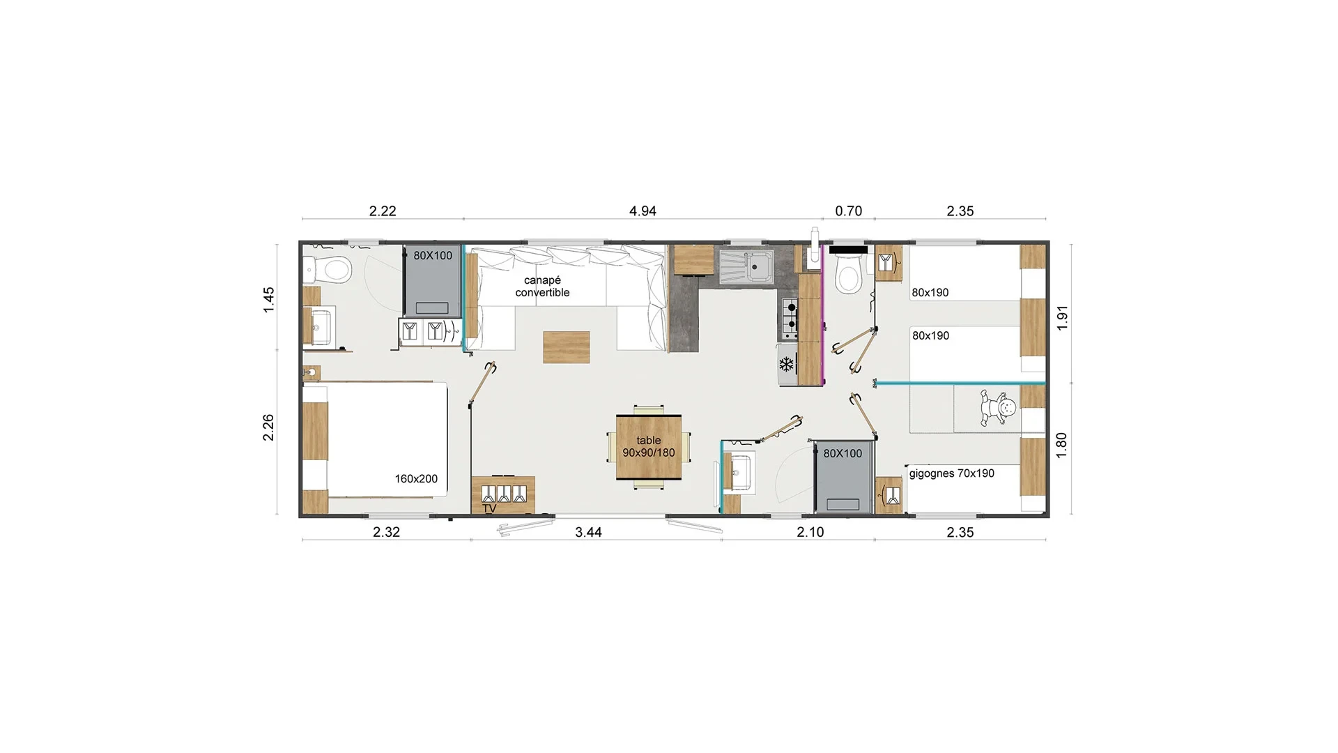 Plan d’un logement avec trois chambres, un séjour avec canapé convertible, une cuisine et deux salles d’eau.