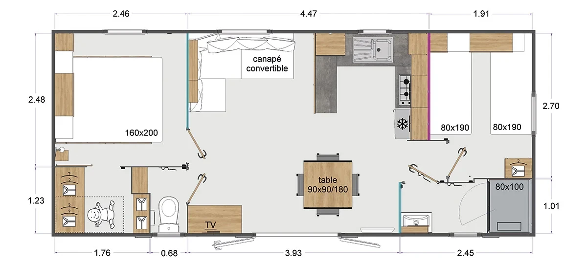 Plan de l’hébergement : deux chambres aux extrémités, séjour central avec canapé convertible, cuisine et espaces sanitaires.