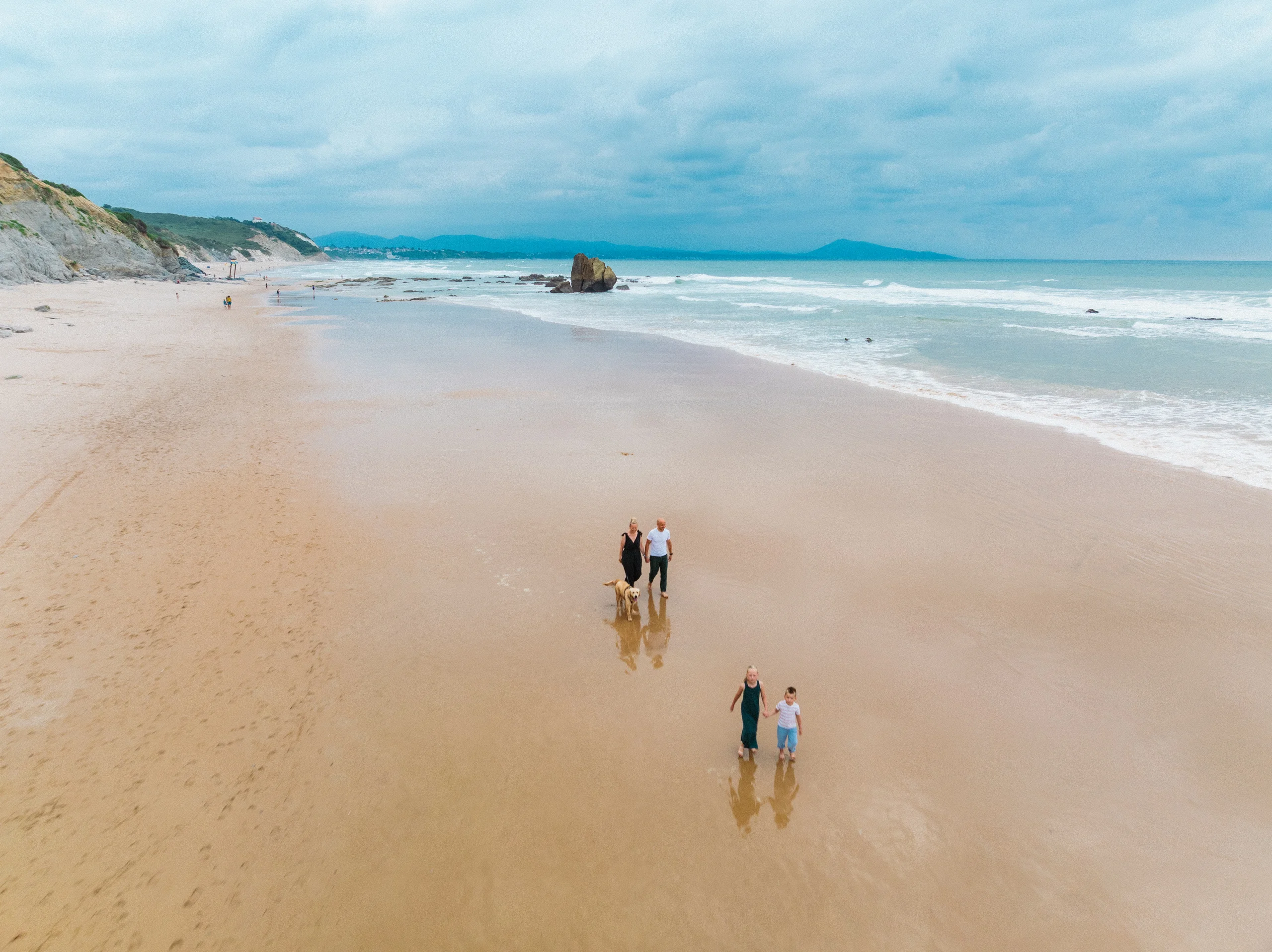 Deux adultes accompagnés d’un chien et deux enfants marchent sur une vaste plage de sable humide.