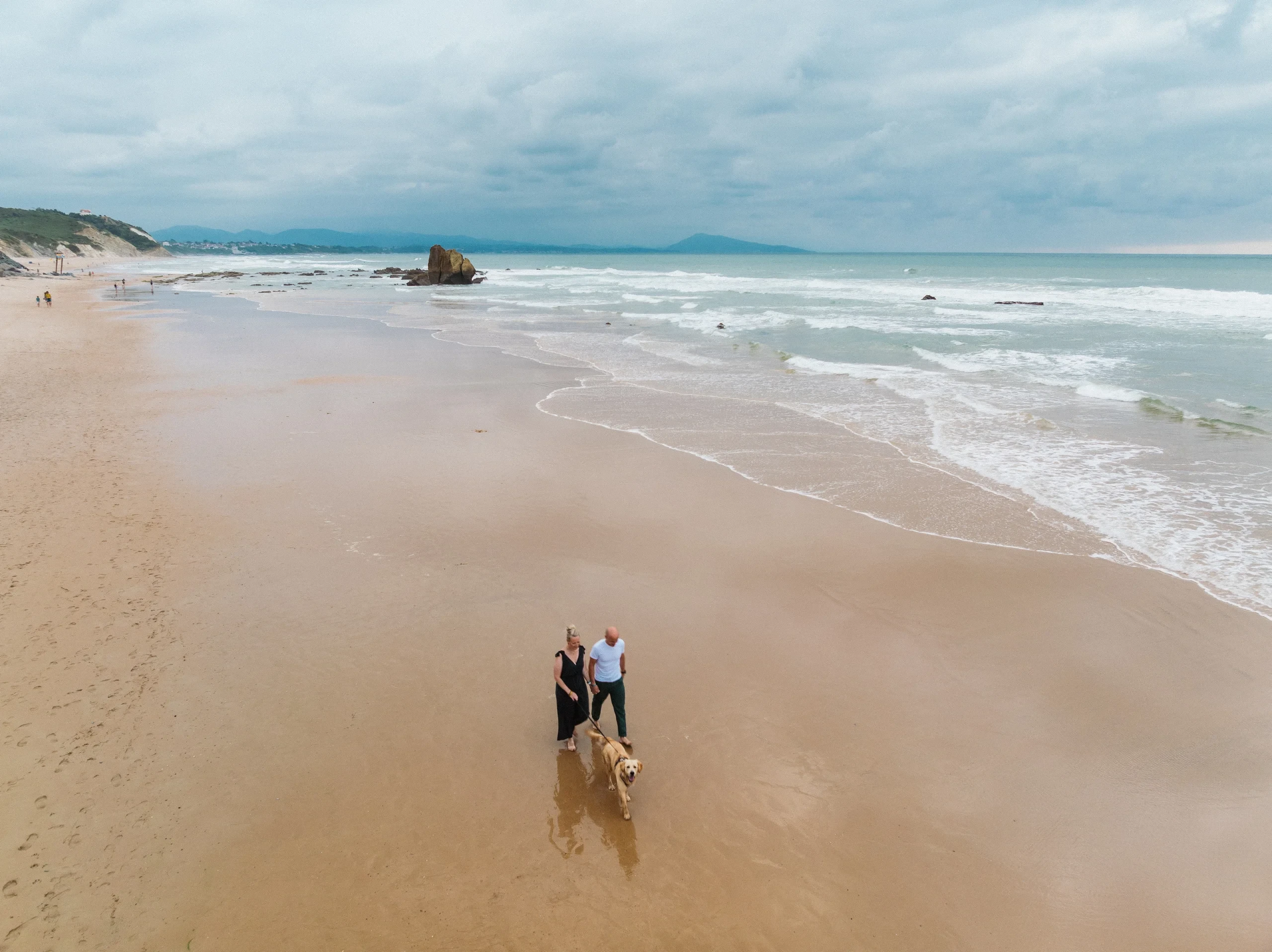 Un couple promène un chien en laisse sur le sable humide, au bord des vagues.