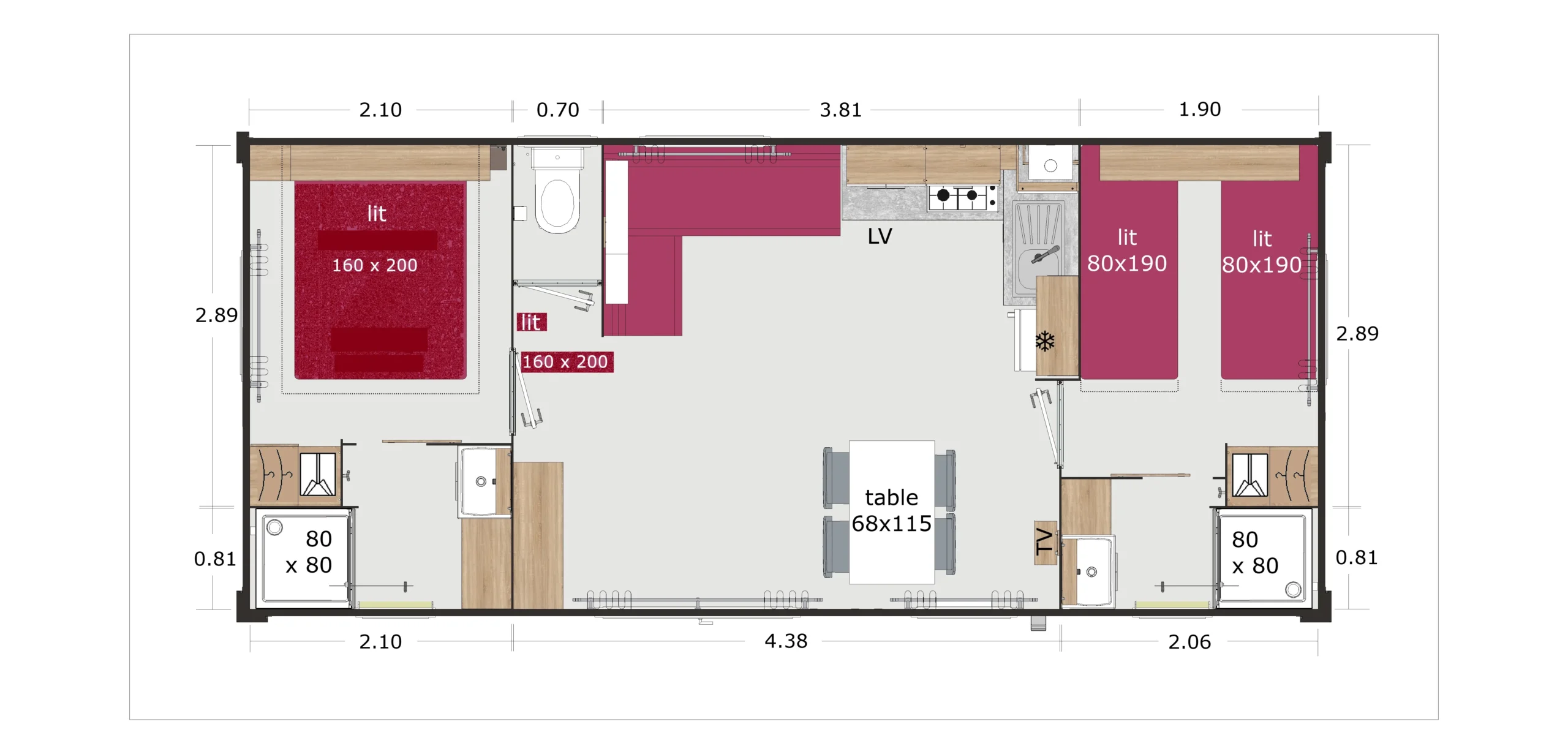 Plan d’un hébergement avec deux chambres aux extrémités, deux salles d’eau et un espace central réunissant cuisine, banquette et table.