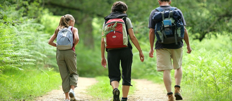 3 personnes de dos marchant dans la nature séjour Pays Basque Camping Le Ruisseau
