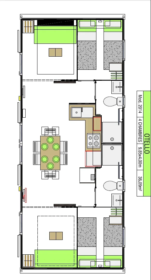 Plan du mobil-home Otello de 38 m² : quatre chambres réparties de part et d’autre d’un espace central avec cuisine et coin repas.