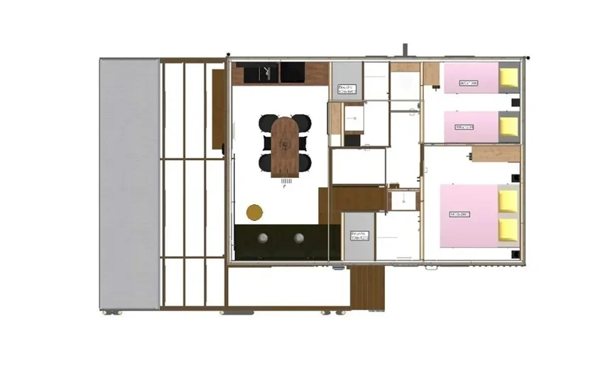 Plan du chalet à trois chambres, avec séjour, cuisine, sanitaires et terrasse attenante.