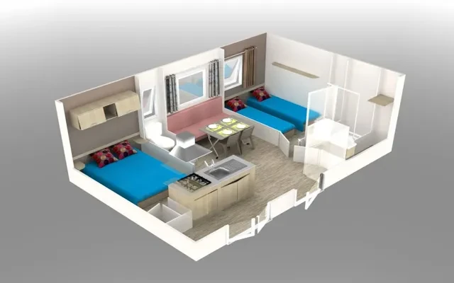 Vue en coupe d’un hébergement avec couchages de part et d’autre du coin repas, kitchenette et salle d’eau.