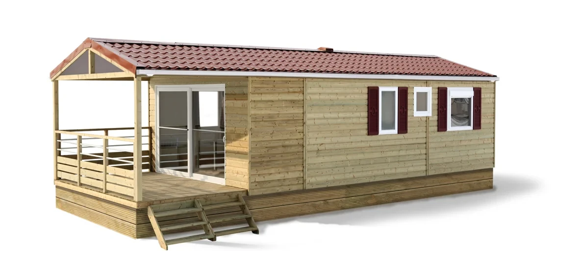Cottage en bois avec terrasse couverte et escalier, un hébergement insolite vers Biarritz au Camping le ruisseau.