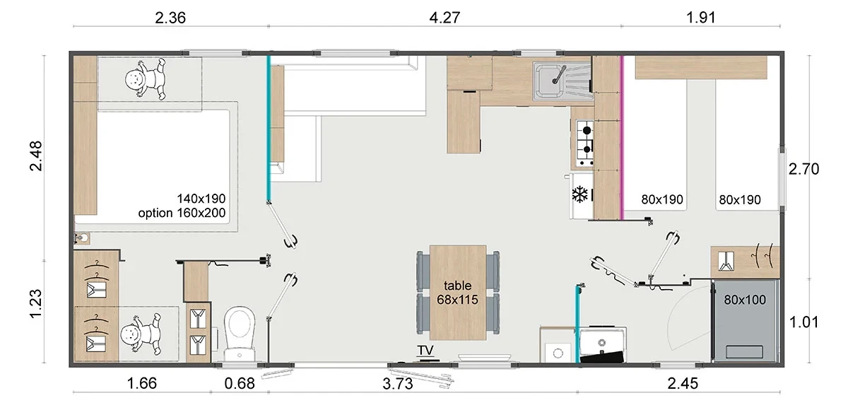 Plan d’un hébergement à deux chambres, avec séjour central, cuisine, salle d’eau et WC séparés.