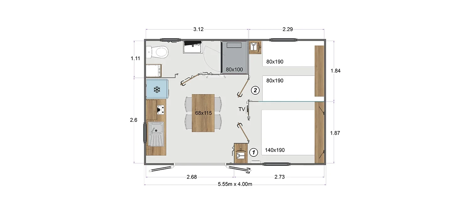 Plan de la cabane : deux chambres, l’une avec un lit double et l’autre avec deux lits simples, une cuisine avec table et une salle d’eau avec WC.