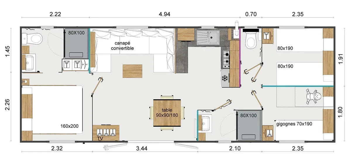Plan du mobil-home à trois chambres avec séjour central, cuisine et deux salles d’eau.