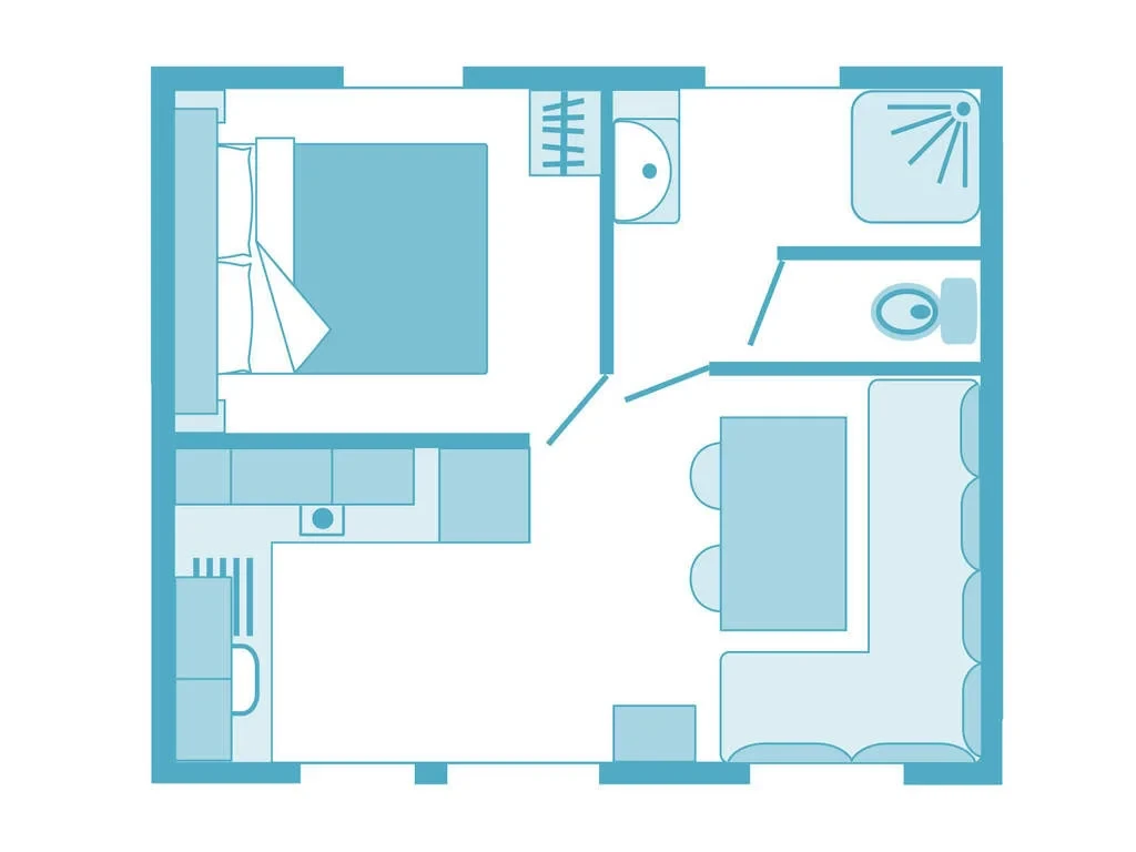 Plan de l’hébergement avec chambre à lit double en haut à gauche, cuisine en bas à gauche, séjour avec banquette en L à droite, douche et WC séparés en haut à droite.