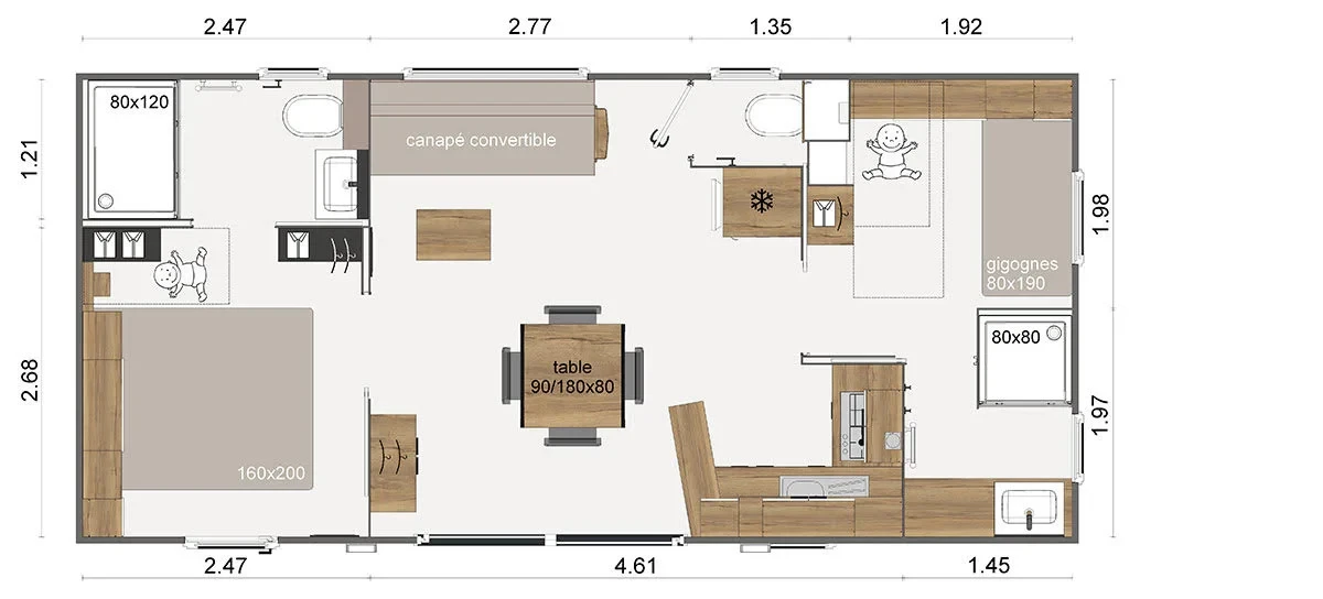 Plan d’un hébergement avec deux chambres, un séjour central avec canapé convertible, une cuisine et deux espaces de douche.