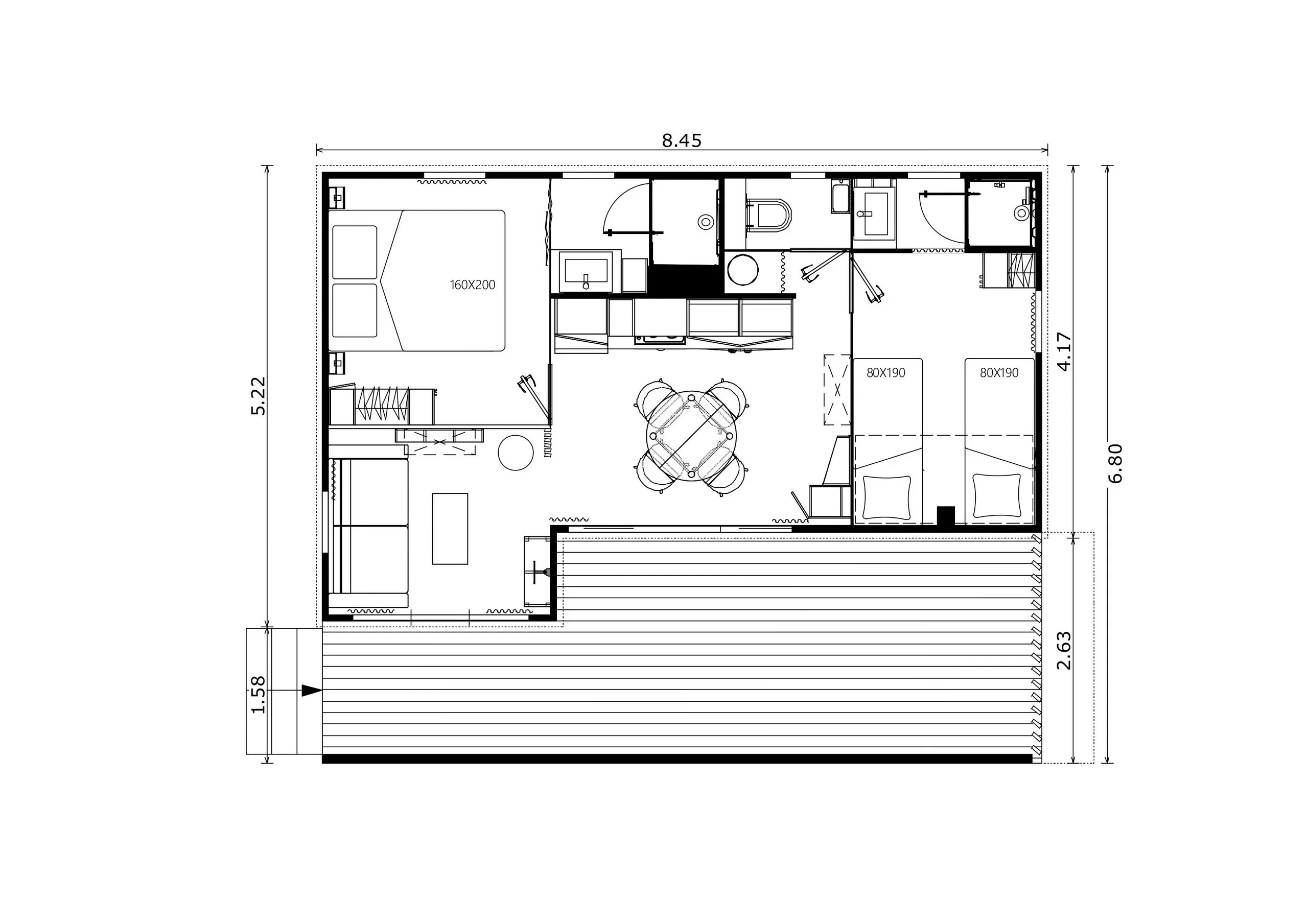 Plan du chalet à deux chambres avec séjour, cuisine, sanitaires et terrasse en façade.
