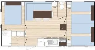 Plan du cottage avec chambres de part et d’autre du séjour, coin repas central et cuisine ouverte.
