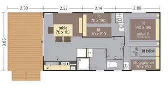 Plan d’un cottage du Camping le ruisseau avec terrasse, séjour-cuisine, trois chambres et sanitaires.