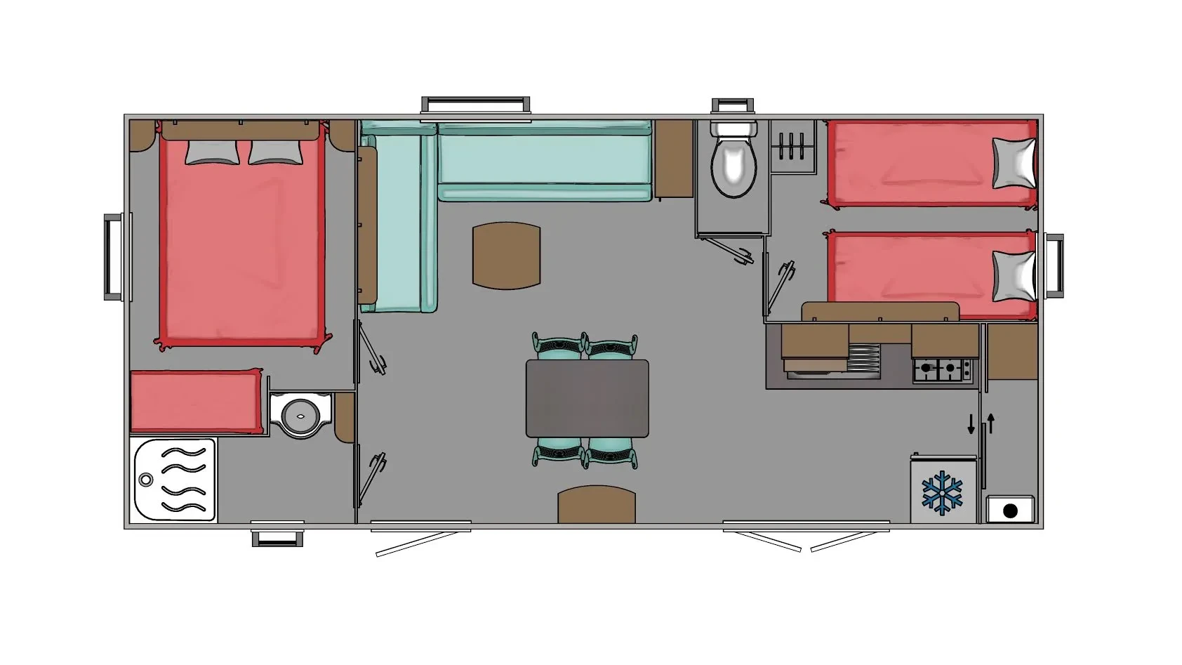 Plan de l’hébergement familial avec lit double à gauche, deux lits simples à droite, séjour central et cuisine ouverte.