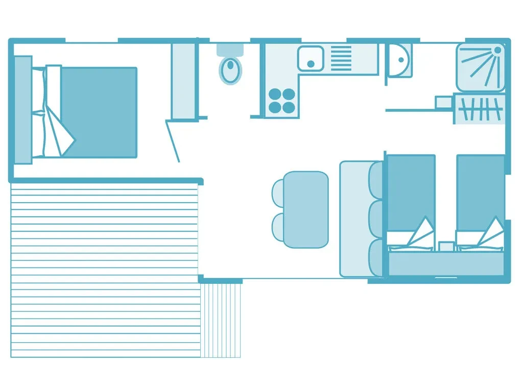 Plan d’un hébergement avec deux chambres, un séjour central, une cuisine, une douche, des toilettes séparées et une terrasse.