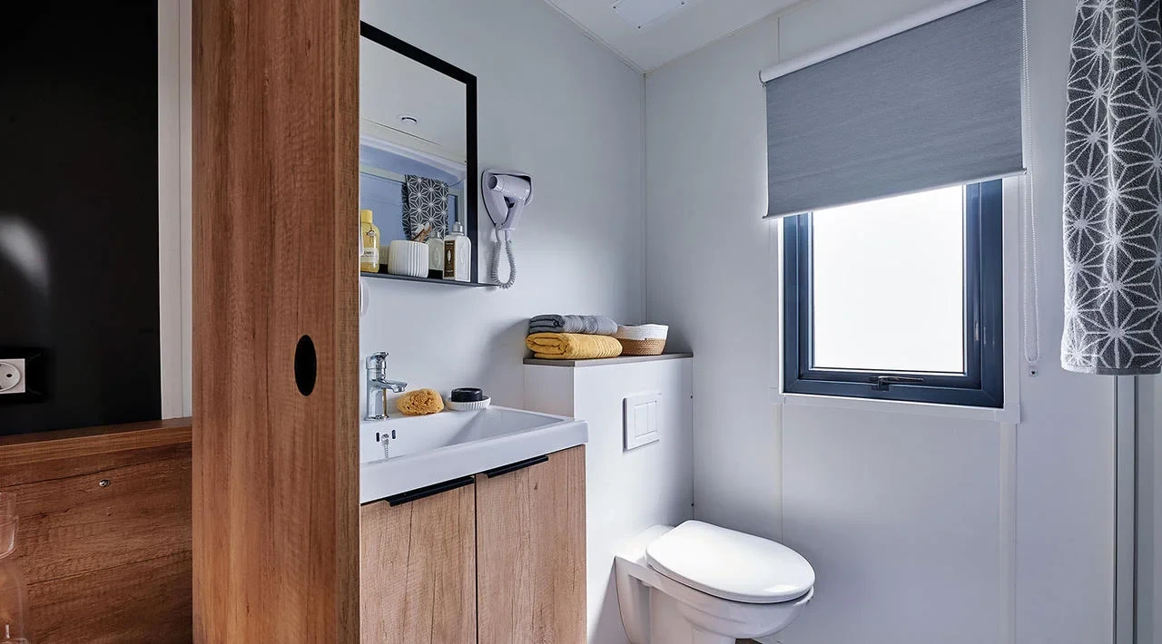 Salle d’eau avec meuble vasque en bois, miroir, sèche-cheveux mural et toilettes suspendues sous la fenêtre.