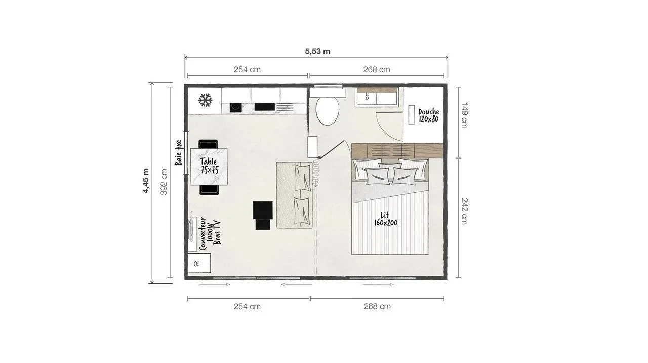 Plan du logement : cuisine et séjour à gauche, lit double à droite, salle d’eau avec douche et toilettes en haut à droite.