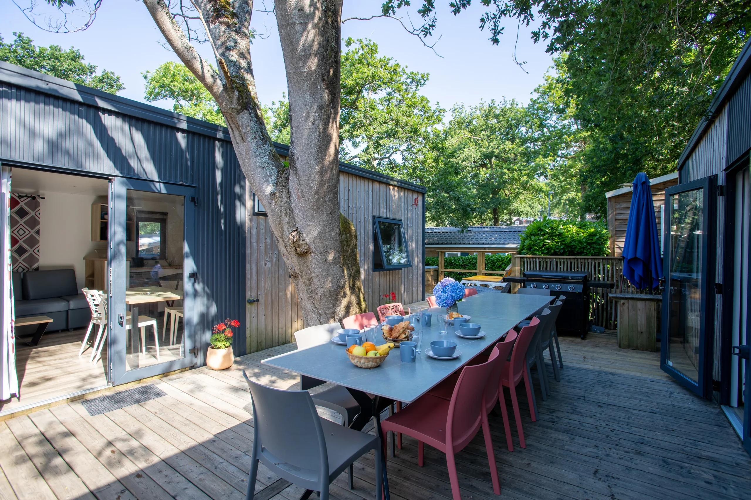 Grande table dressée entre deux bâtiments bardés de bois, sur une terrasse traversée par un arbre.