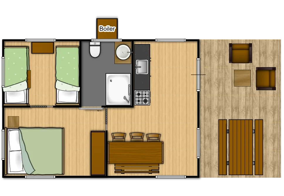 Plan de la tente safari lodge : deux chambres, une salle d’eau, une cuisine avec coin repas et une terrasse aménagée.
