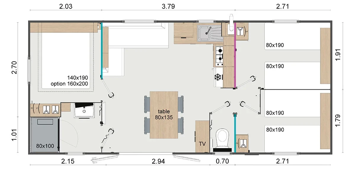 Plan d’un mobil-home à trois chambres : un lit double et quatre lits simples, séjour central avec cuisine, salle d’eau et WC séparés.