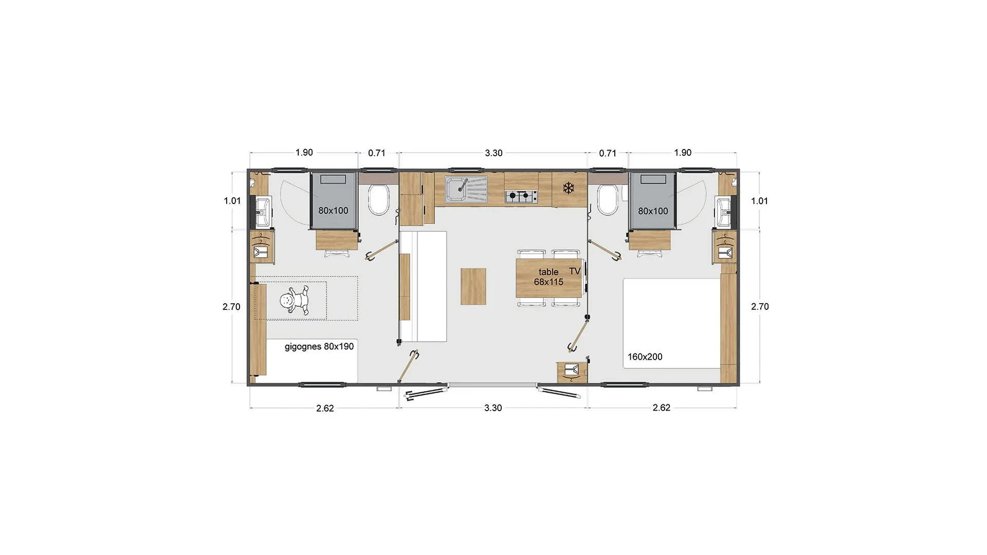 Plan de l’hébergement du Camping le ruisseau : séjour avec cuisine au centre, deux chambres aux extrémités et deux espaces de douche avec WC séparés.