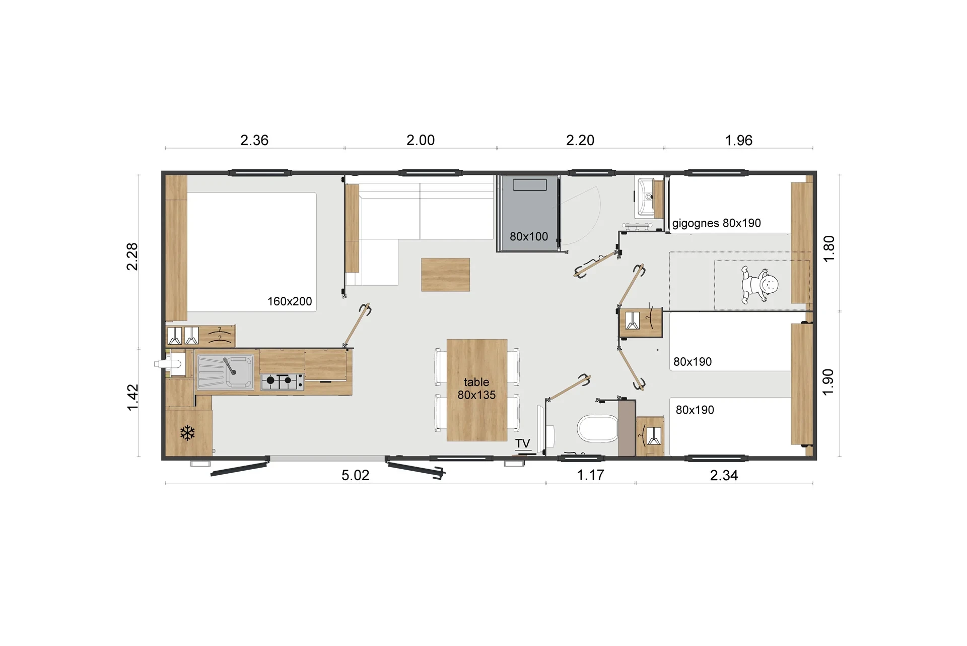 Plan d’un hébergement à trois chambres avec séjour, cuisine, salle d’eau et toilettes séparées.
